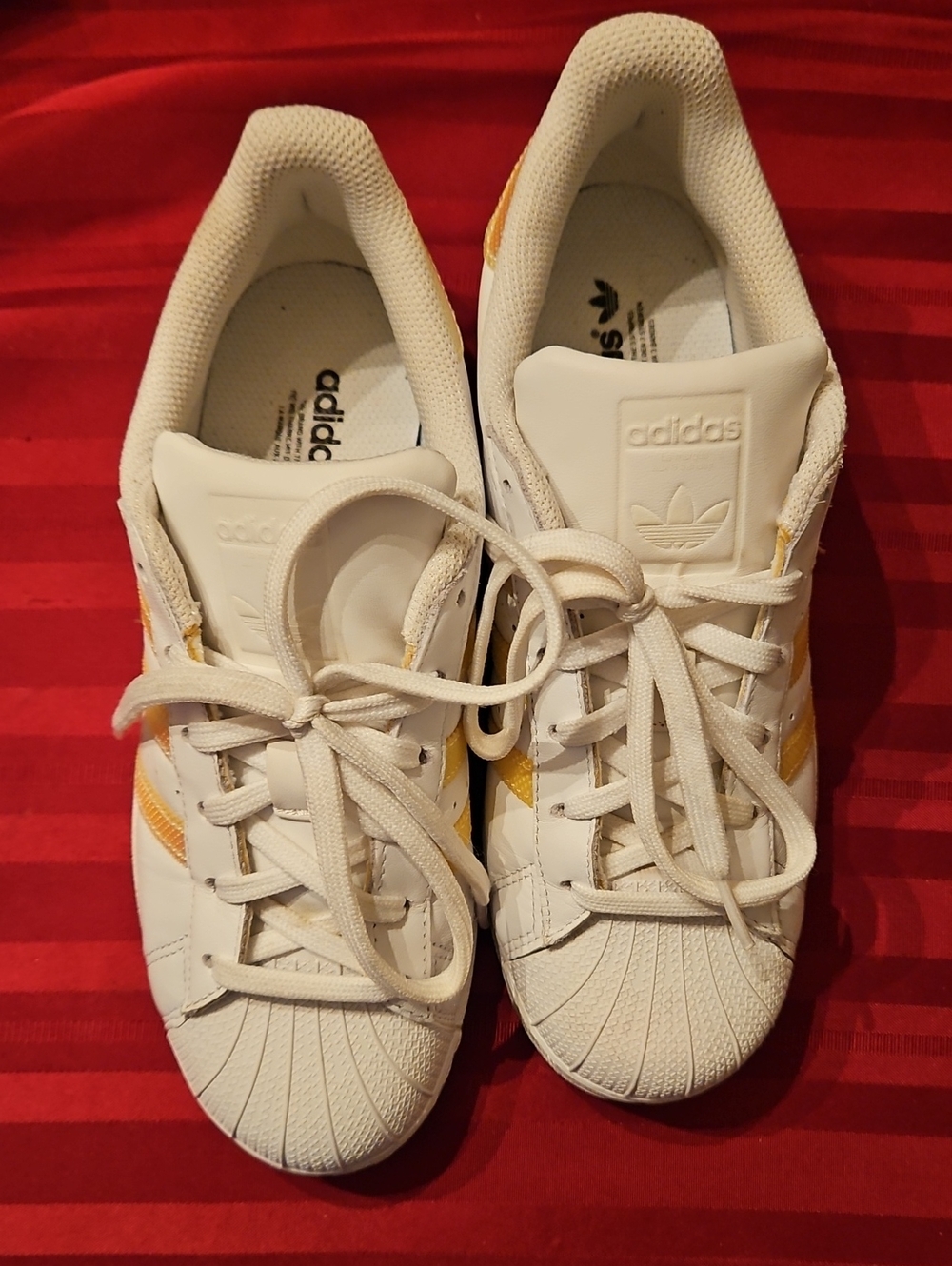 adidas White Sneakers with Yellow Stripes - Women's
